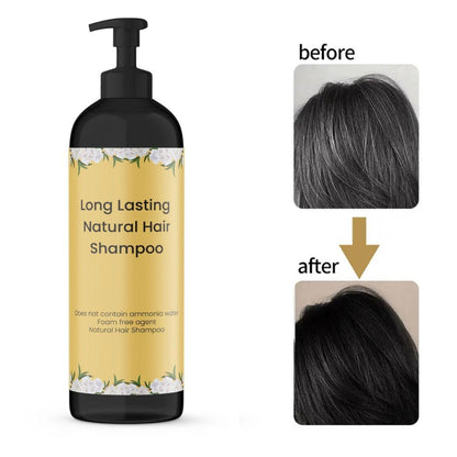 Bottle of 'Long Lasting Natural Hair Shampoo' with 'before' and 'after' hair color comparison on a white background.