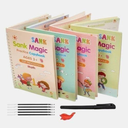 Set of Sank Magic Practice Copybooks for preschoolers with pens and a fish toy on a white background