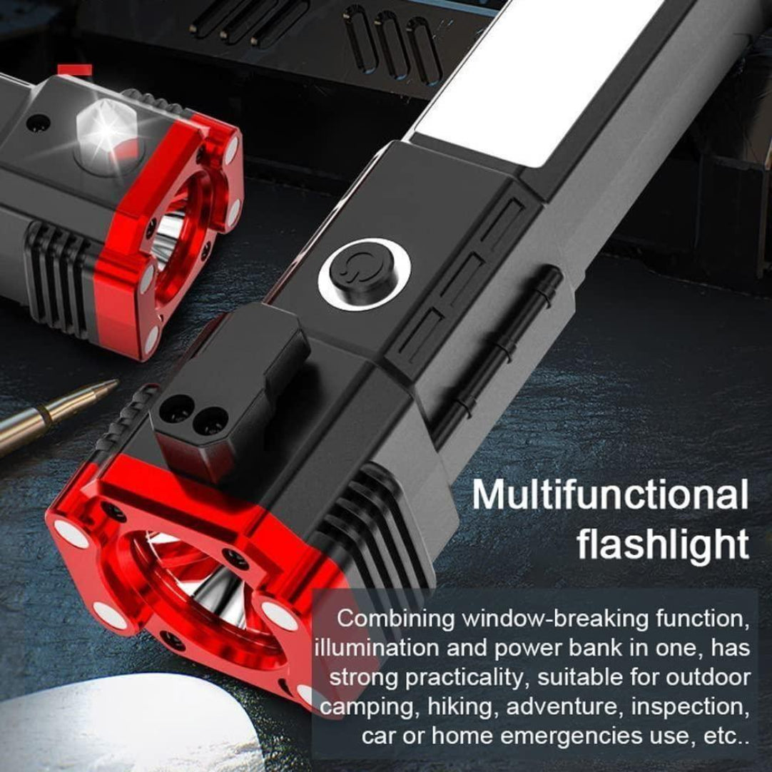 A multifunctional portable LED flashlight with a safety hammer feature, shown in a promotional setting with various light modes highlighted.