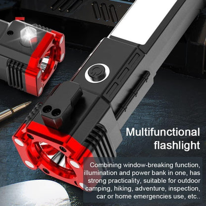A multifunctional portable LED flashlight with a safety hammer feature, shown in a promotional setting with various light modes highlighted.