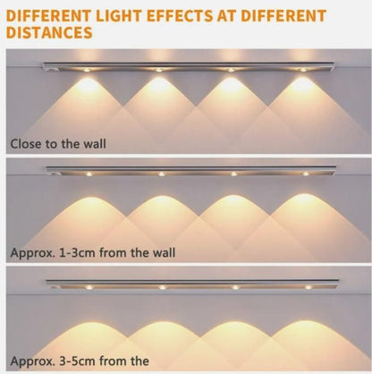 Light fixture showing different light effects at various distances from a wall.