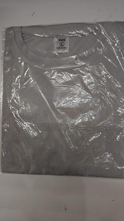 Gray t-shirt with a brand label on a white background