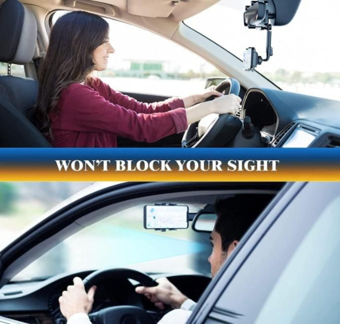 Car interior with a device mounted on the windshield, showing text 'WON'T BLOCK YOUR SIGHT'.