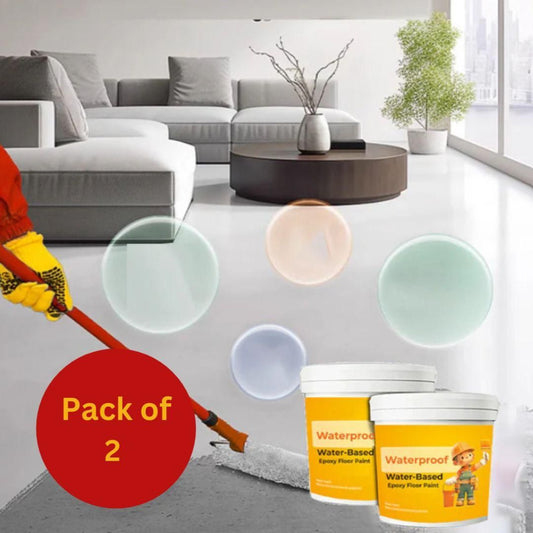 Living room with gray sofa, round coffee table, and potted plants. Two containers of waterproof water-based floor paint are shown with a red circle indicating 'Pack of 2'.