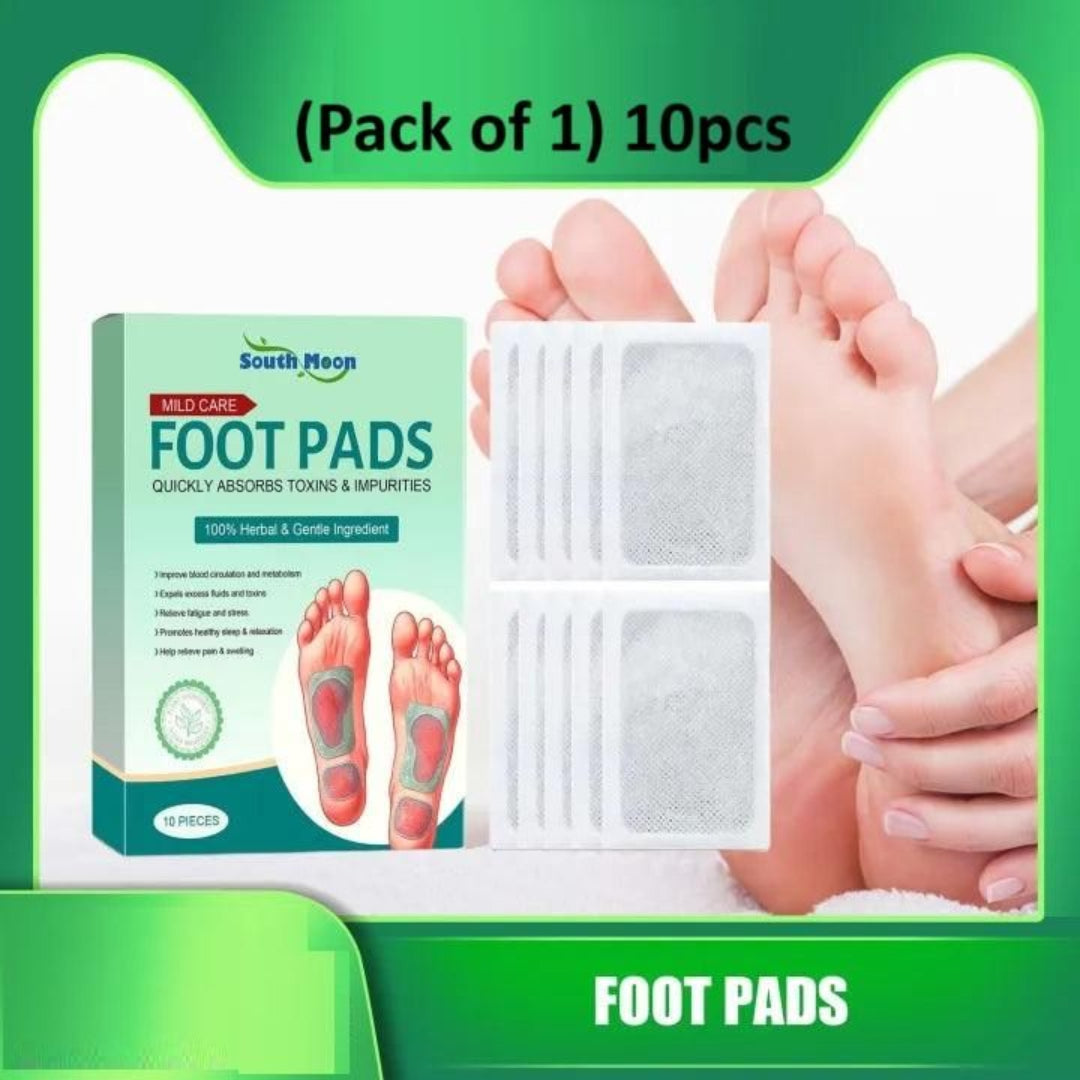 Pack of 10 South Moon foot pads with packaging and a close-up of feet wearing them.