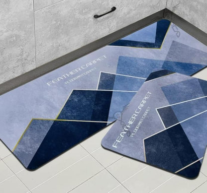 Blue geometric-patterned rug on a tiled floor with 'Feather Carpet' branding.