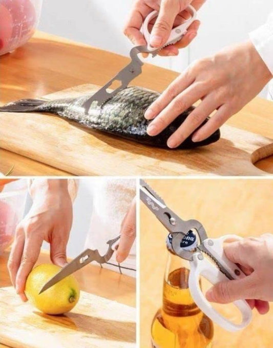 A set of 5 in 1 multipurpose sharp scissors with stainless steel blades and ergonomic plastic handles, demonstrating various uses such as cutting a fish, slicing an apple, and opening a bottle.