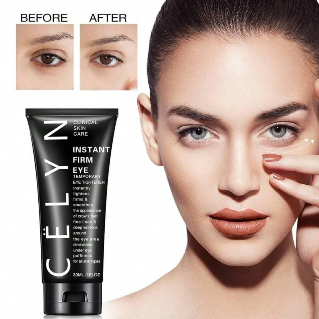 An image showing a tube of Instant Firmx Eye Bag Cream with before and after visuals of the eye area. The product is designed to reduce fine lines and puffiness around the eyes.