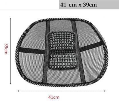 Black mesh car seat cushion with dimensions on a white background