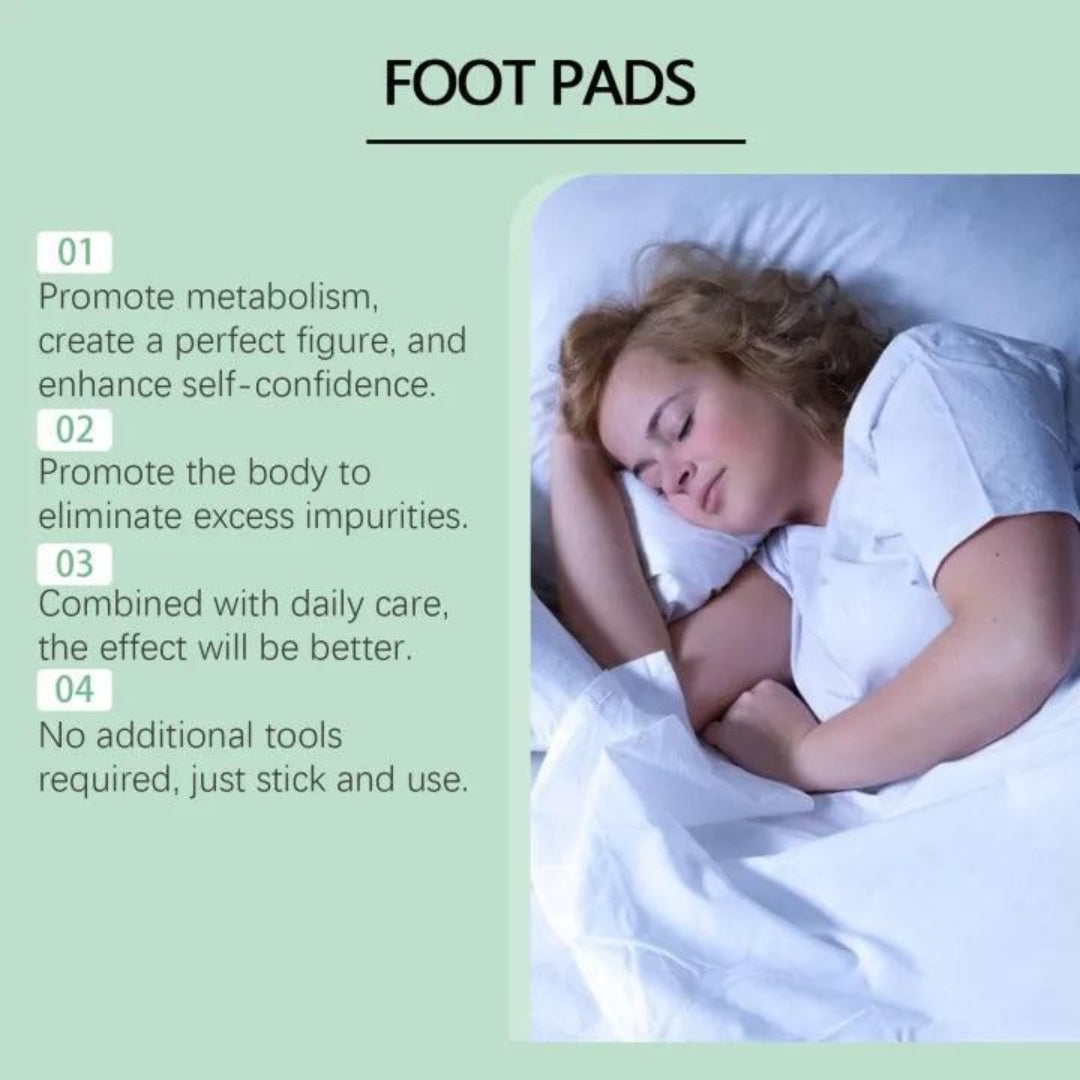 Advertisement for foot pads with a woman sleeping and text about benefits on a light green background