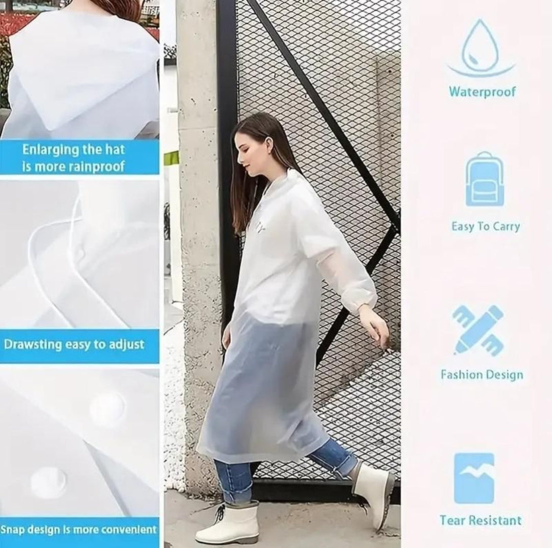 Woman wearing a transparent raincoat with features highlighted on the right side.