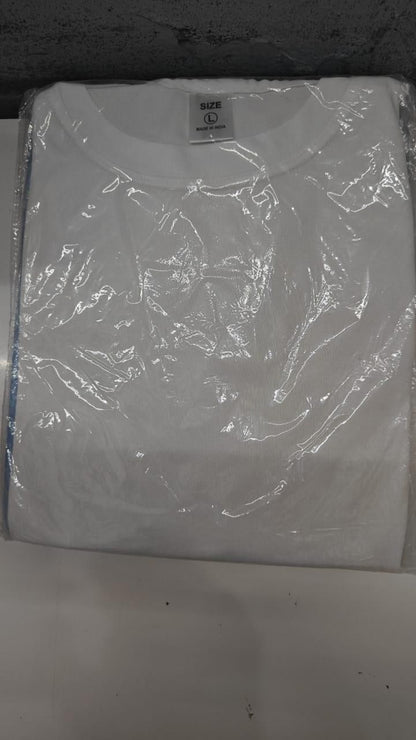 White t-shirt with a brand label on a white background