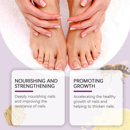 Naked feet with pink nail polish on toes, surrounded by text boxes describing nail care benefits.