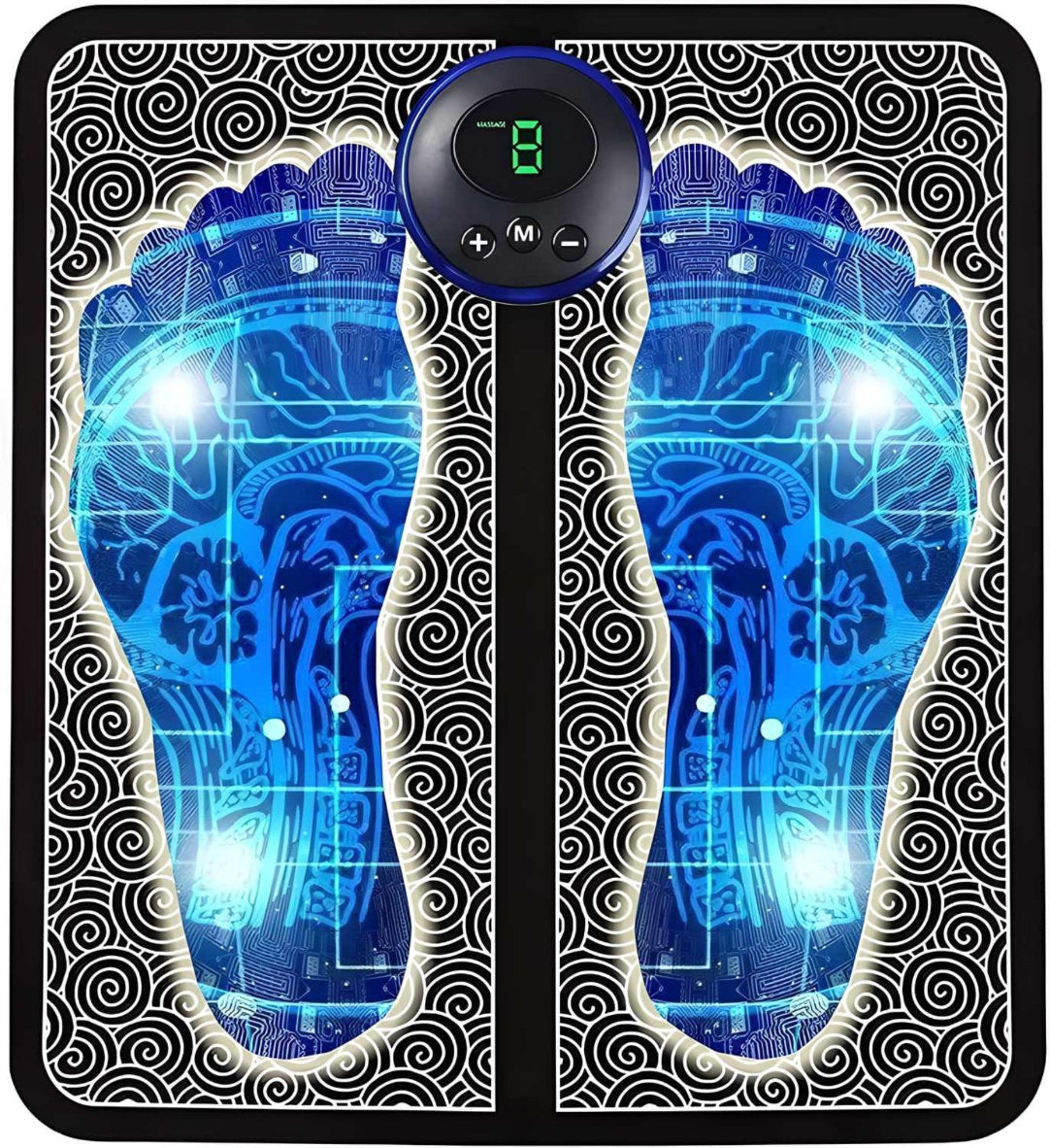 A foot massage machine with a wireless electric design featuring a blue and black color scheme and a footprint-like pattern on the surface.