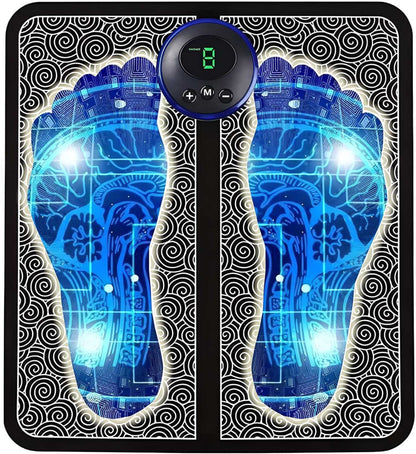 A foot massage machine with a wireless electric design featuring a blue and black color scheme and a footprint-like pattern on the surface.