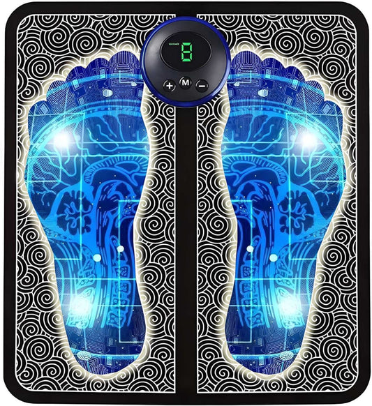 A foot massage machine with a wireless electric design featuring a blue and black color scheme and a footprint-like pattern on the surface.