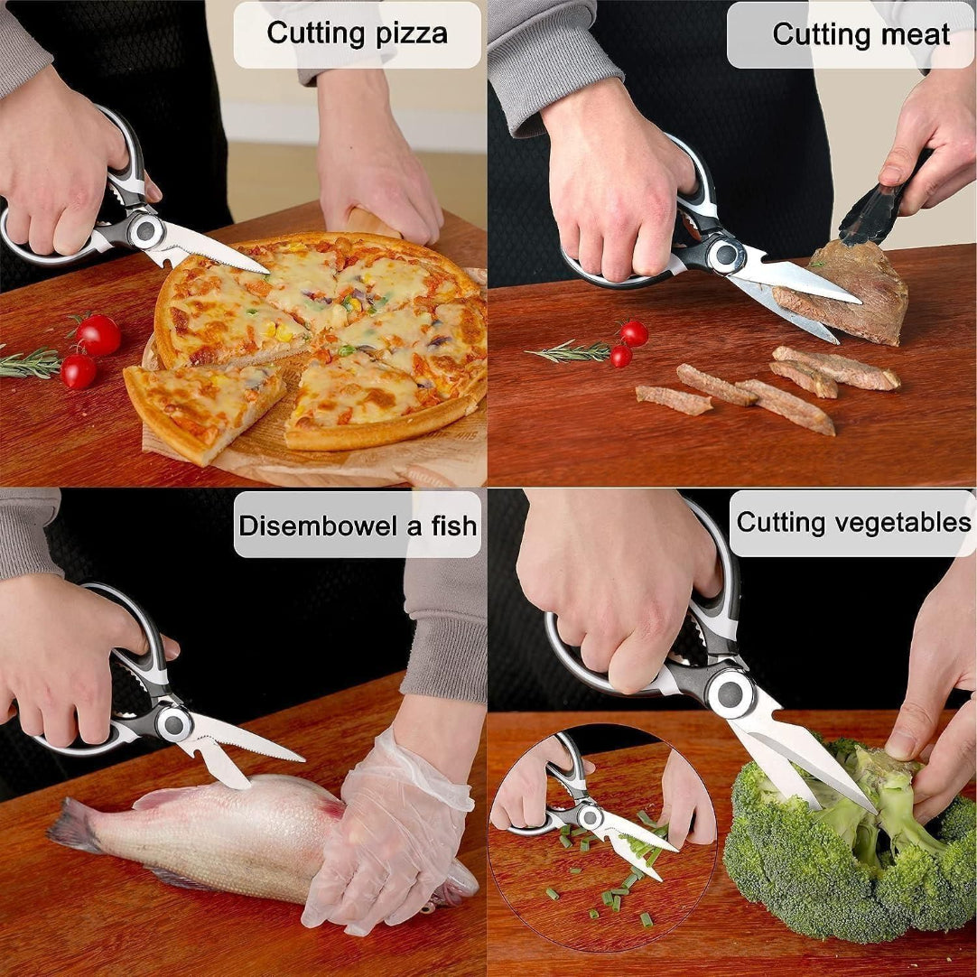 Scissors being used for various tasks including cutting pizza, meat, a fish, and vegetables on a wooden surface.