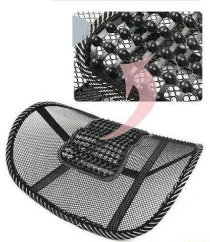 Black mesh car seat cover with decorative beads and a close-up inset showing bead detail.