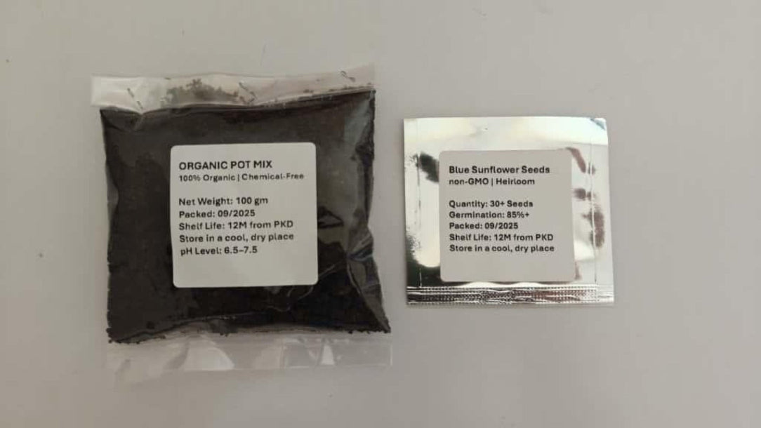 Two packets of organic potting mix with labels on a light gray background