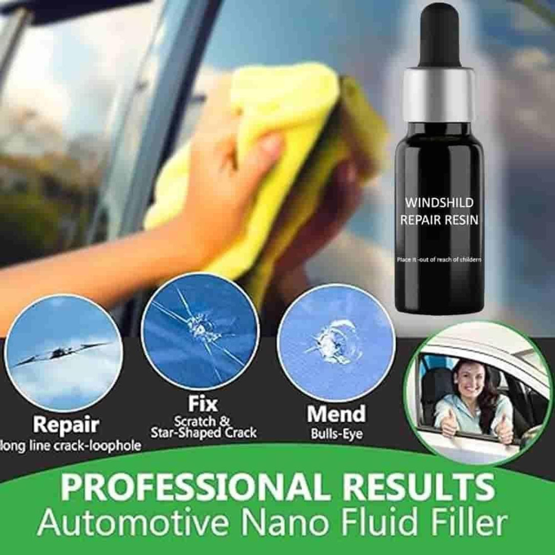 Automotive Nano Fluid Filler bottle with a hand cleaning a car window, surrounded by icons and text about repair capabilities.