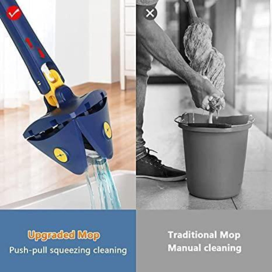 Collage showing an upgraded mop with push-pull squeezing mechanism and a traditional mop with manual cleaning.