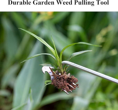 Garden weed pulling tool with a plant being pulled