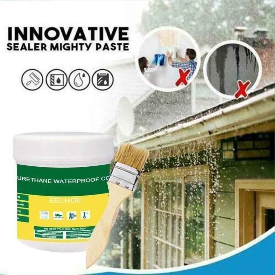 Urethane waterproof coating with a paintbrush and a container on a snowy roof background.