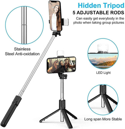 Extendable Flash 3-in-1 Selfie Stick Tripod with Bluetooth Remote.