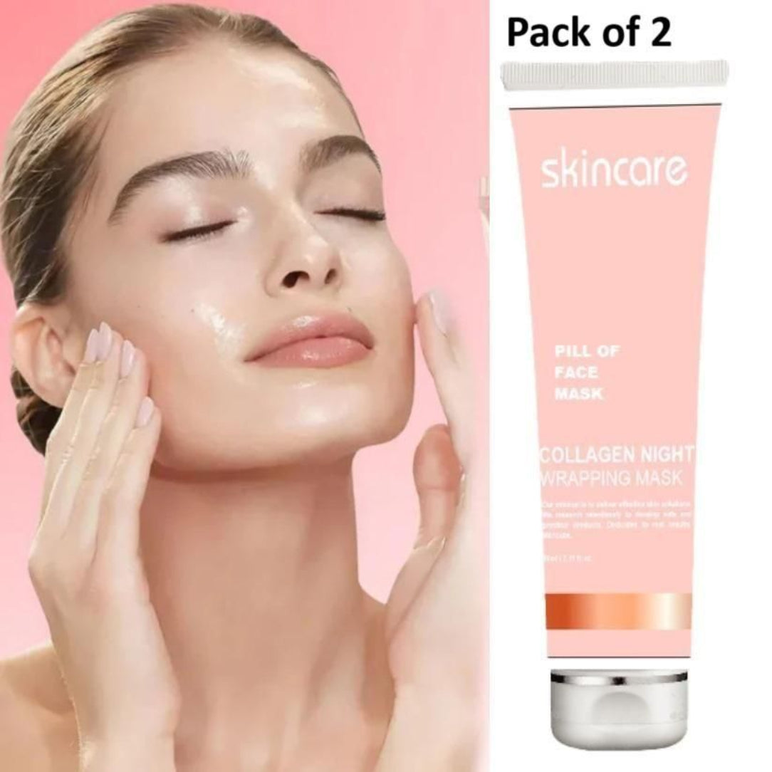 Woman applying face mask with a skincare product on a pink background
