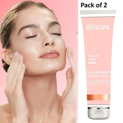 Woman applying face mask with a skincare product on a pink background