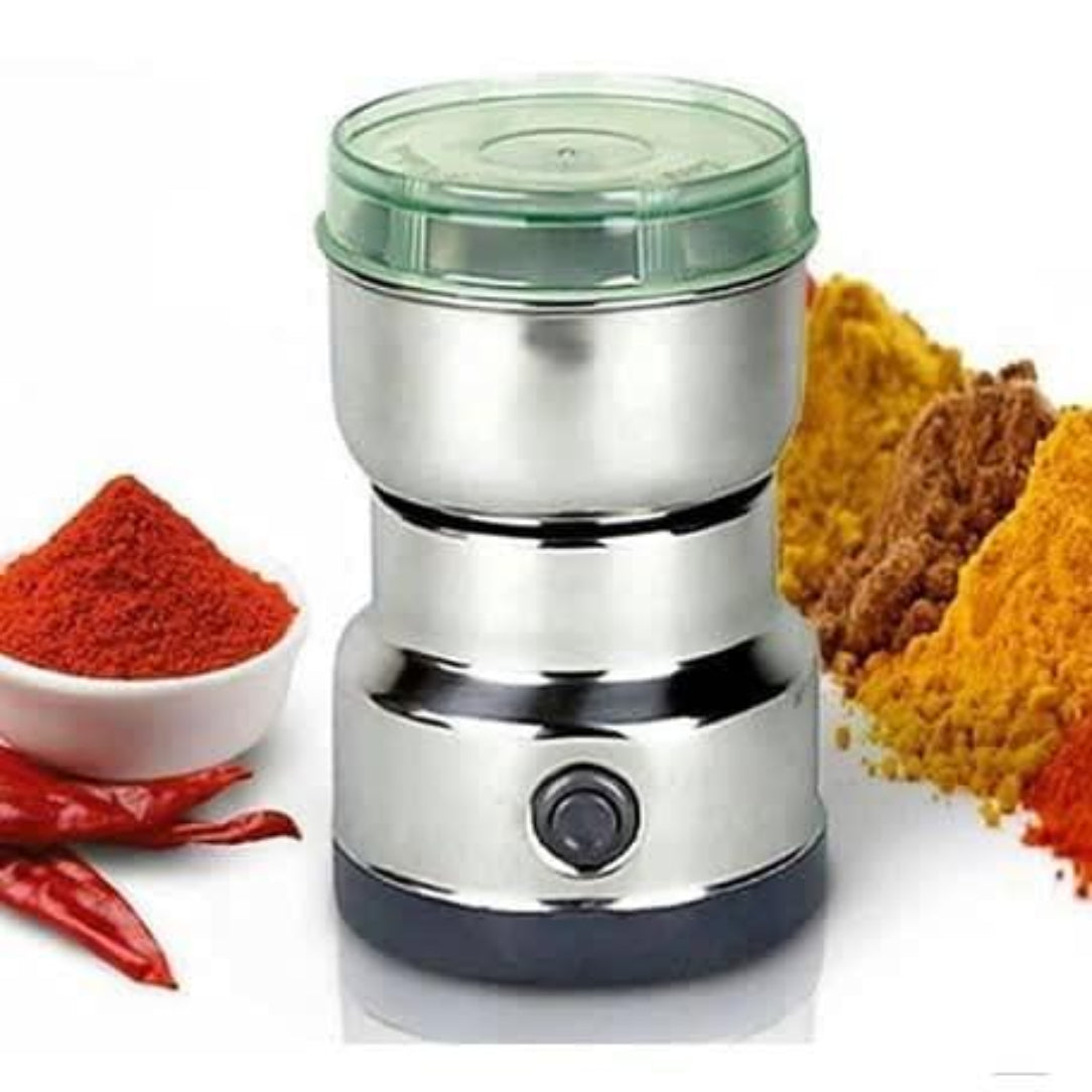 Spice grinder with spices and peppers on a white background