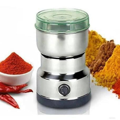 Spice grinder with spices and peppers on a white background
