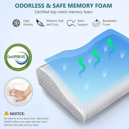 Memory foam pillow with CertiPUR-US certification on a light blue background