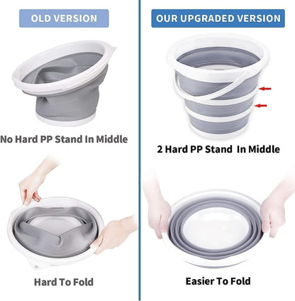 Comparison of an old and upgraded version of a collapsible bucket with hard PP stands.
