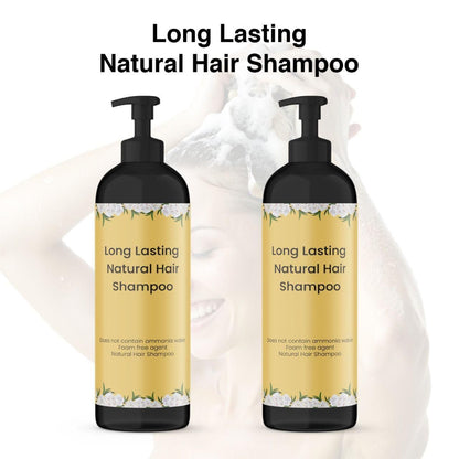 Two bottles of 'Long Lasting Natural Hair Shampoo' with pump dispensers on a white background.