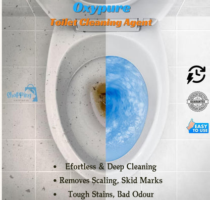 Advertisement for Oxypure Toilet Cleaning Agent showing before and after effects on a toilet.