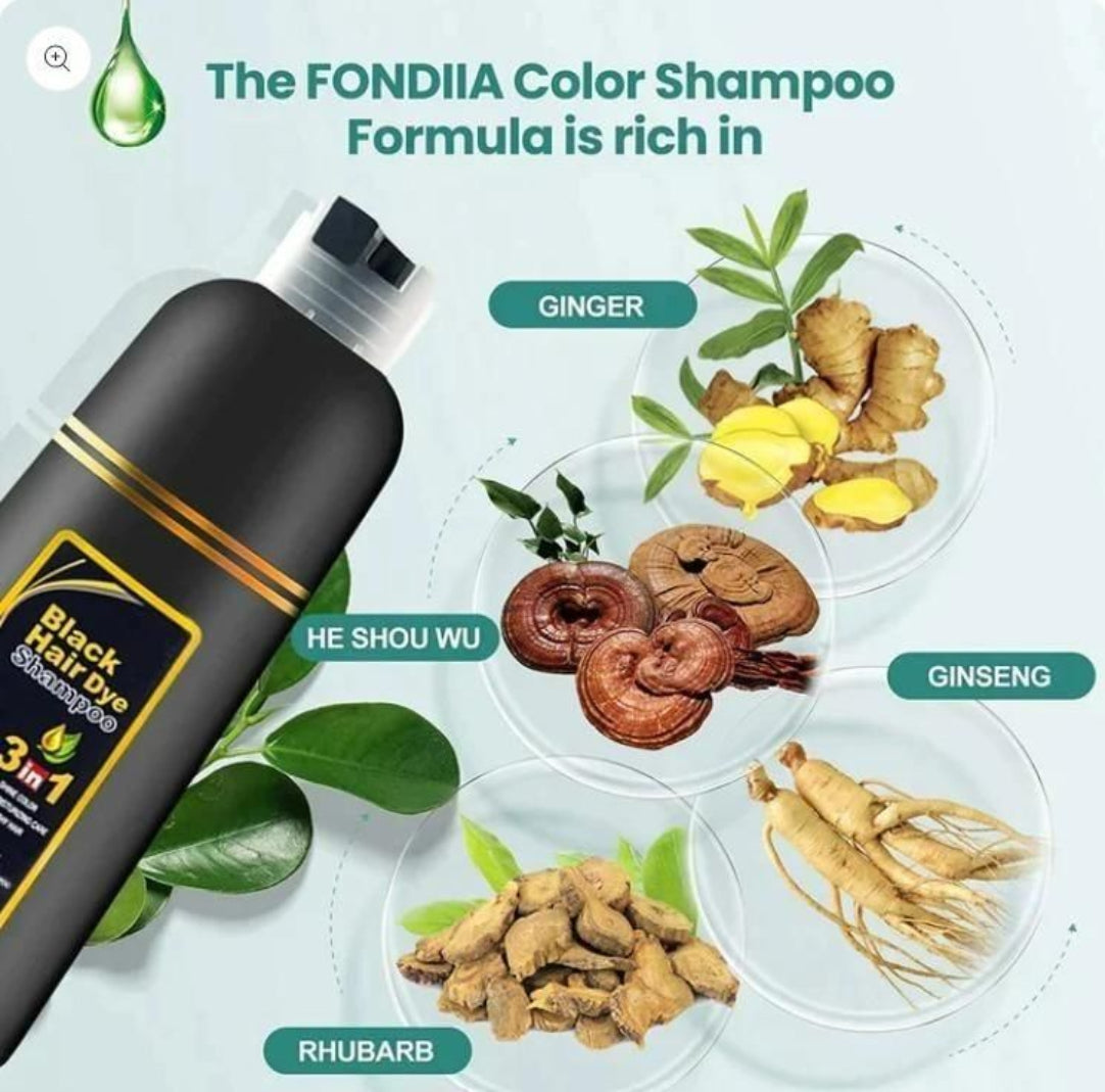 FONDIIA Color Shampoo with ingredients like ginger, he shou wu, ginseng, rhubarb on a light blue background