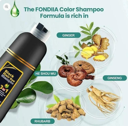 FONDIIA Color Shampoo with ingredients like ginger, he shou wu, ginseng, rhubarb on a light blue background