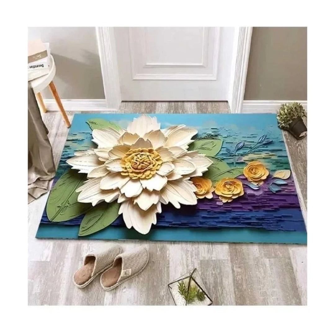 Decorative floral rug on a floor with shoes and a plant in the background