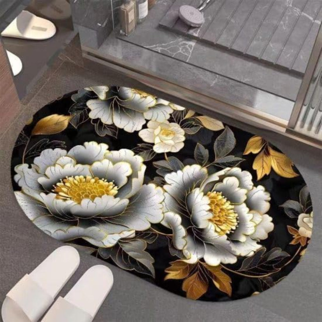 Decorative round rug with floral design on a floor.
