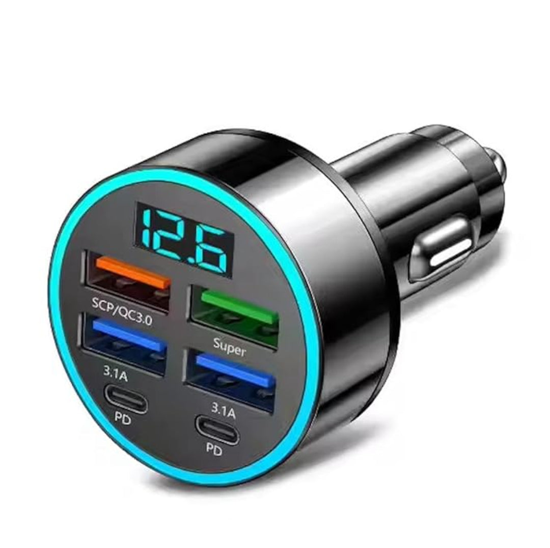 Car charger with multiple USB ports and a digital display on a white background