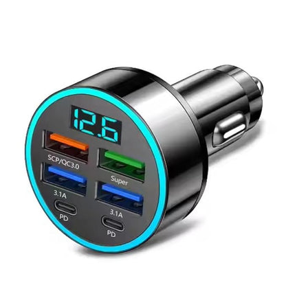 Car charger with multiple USB ports and a digital display on a white background