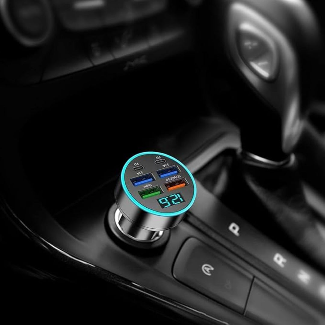 Car charger with multiple ports on a car dashboard