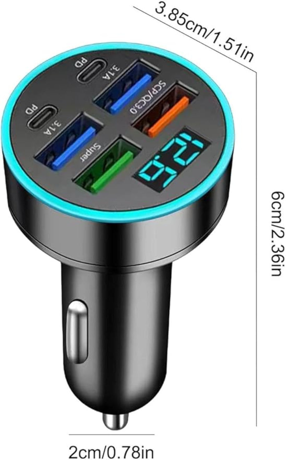 Car charger with multiple USB ports and digital display on a white background