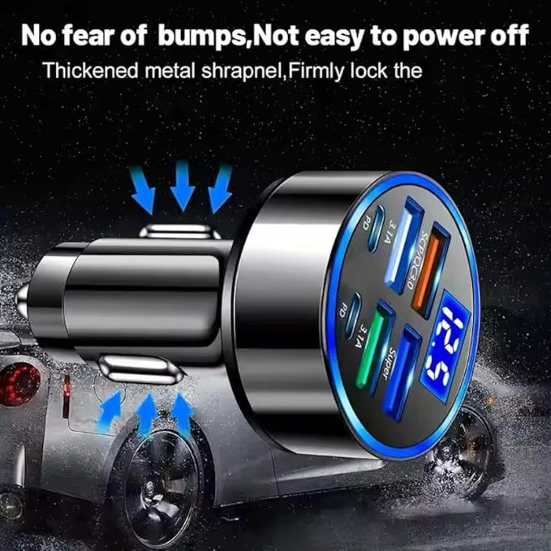 Car charger with multiple ports and a digital display on a black background