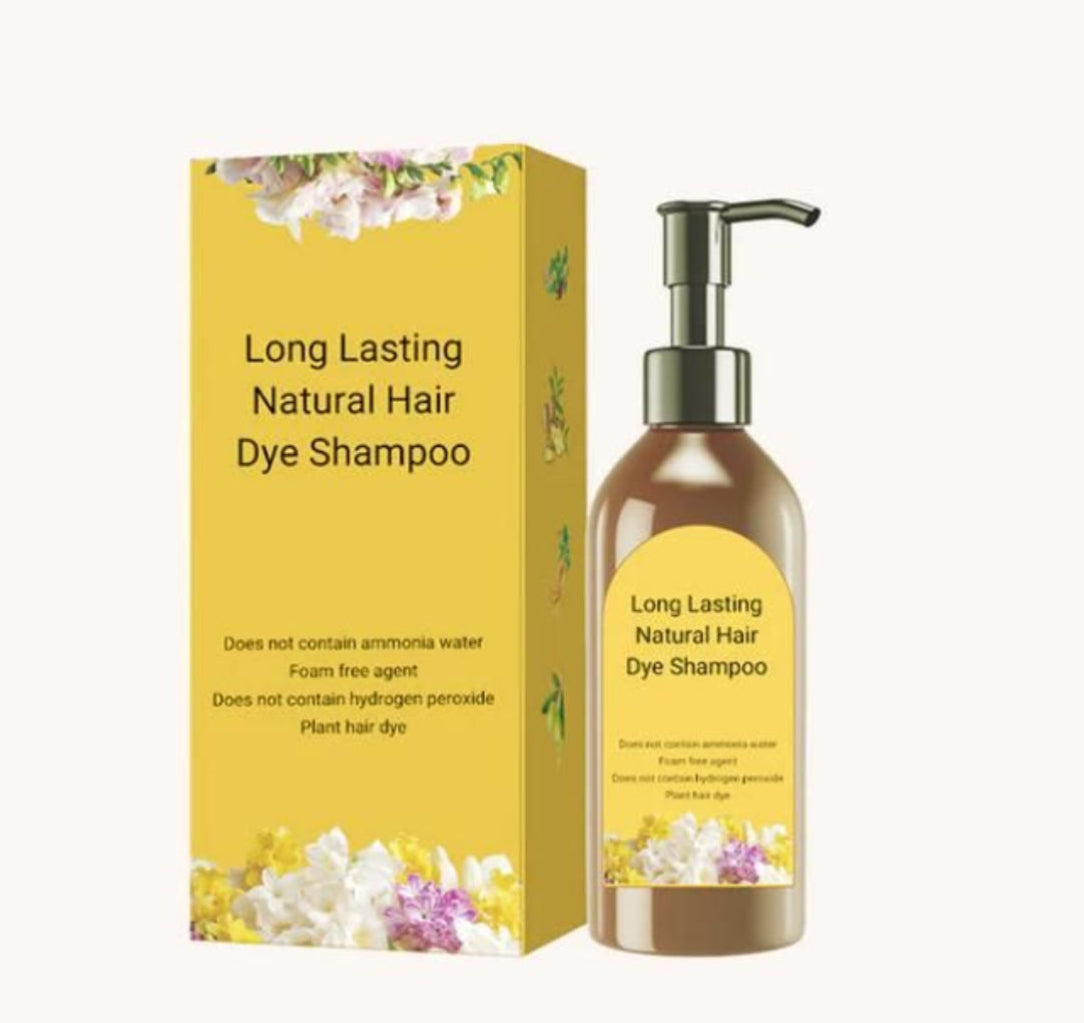 Long Lasting Natural Hair Dye Shampoo bottle and packaging on a white background