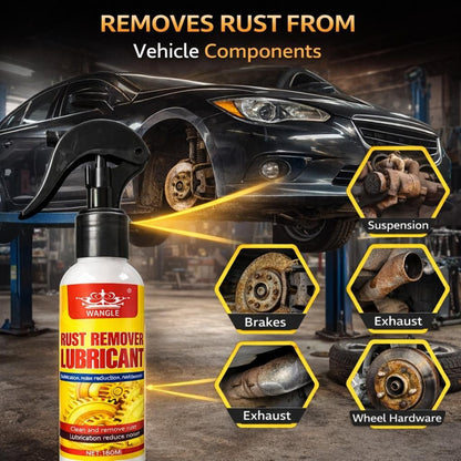 Wangle Rust Remover Lubricant spray can with car and rusted parts in a garage setting