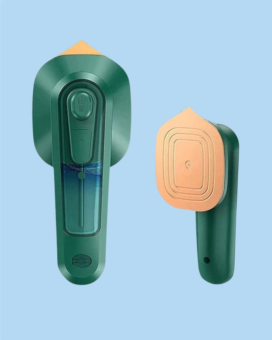 A portable handheld iron in green color with a detachable steam head, displayed against a blue background.
