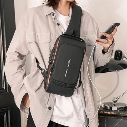 Person wearing a black crossbody bag with 'FASHION' branding, holding a phone.