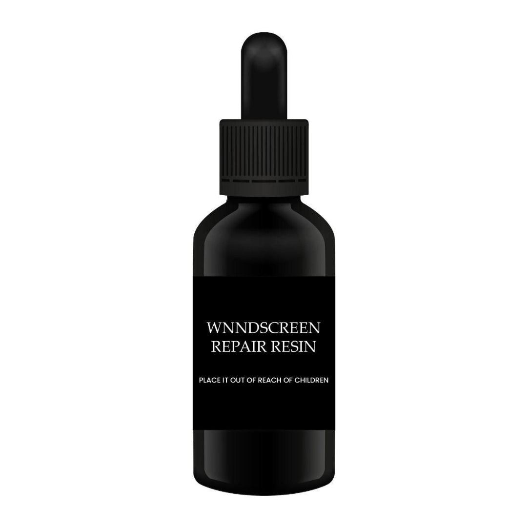 Black bottle of windscreen repair resin with dropper on a white background